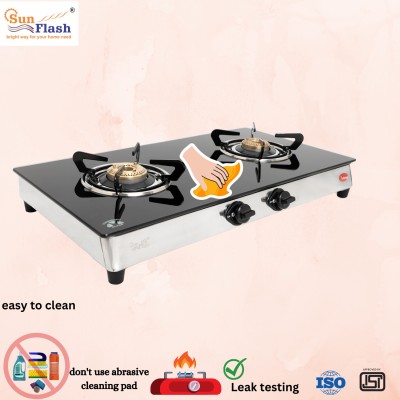 Sunflash 2 brass Burner Black glass top Manual - ignition with lpg pipe Glass Manual Gas Stove(2 Burners)