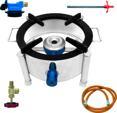 Cay Single Burner Stainless Steel Round Gas Stove/Bhatti with Fitted Brass Nut Hose Pipe, High Pressure Regulator, Valve and Gas Lighter (10 L X 10 W X 8 H Inch) Stainless Steel Manual Gas Stove(1 Burners)