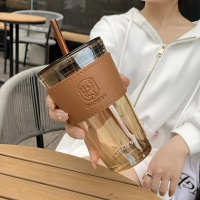 VM PARTNER LEATHER DOUBLE DRINKING BROWN Glass Tumbler(450 ml)