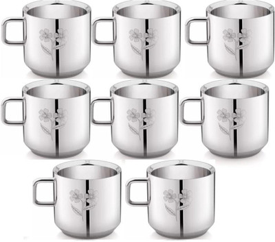 akashmetal (Pack of 8) Laser Printed Double Wall Flawer Design Tea & Coffee Cup Glass Set Water/Juice Glass(100 ml, Steel, Silver)