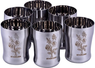 akashmetal (Pack of 6) STEEL FLOWER PRINTED WATER GLASS Glass Set Water/Juice Glass(300 ml, Steel, Silver)