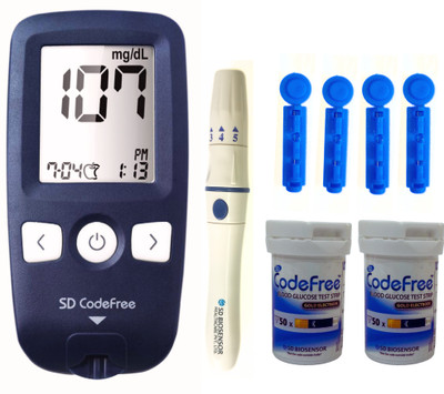 SD Codefree Blood Glucose testing monitor machine with 100 Strips & Round Lancet - Glucometer(Black)