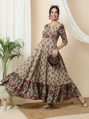 HALIMA FASHION Women Printed Anarkali Kurta(Beige)