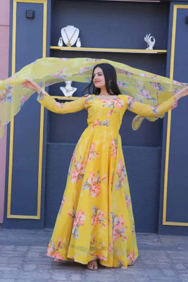 JS CREATIVE Anarkali Gown(Yellow)