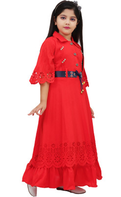 Mmaisha Girls Maxi/Full Length Party Dress(Red, 3/4 Sleeve)