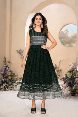 Vishva creation Flared/A-line Gown(Dark Green)