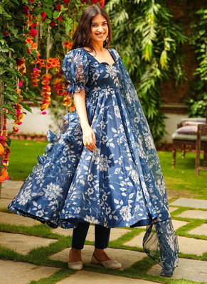 Janardan Women Floral Print Flared Kurta(Blue)