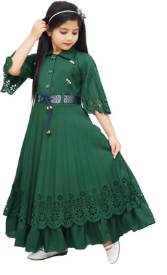 Mmaisha Girls Maxi/Full Length Party Dress(Green, 3/4 Sleeve)