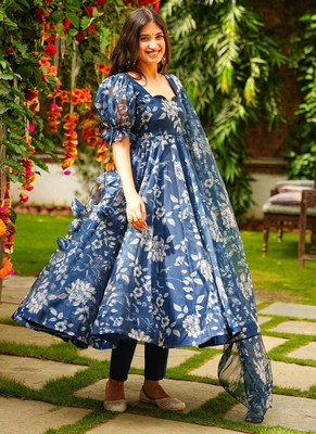MISS CLOTHING Women Floral Print Flared Kurta(Blue)