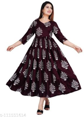 JAI AMBEY Women Printed Anarkali Kurta(Brown)