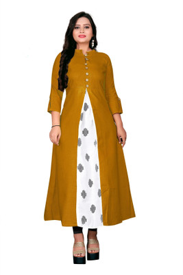 Talavadi Women Printed Flared Kurta(Yellow, White)