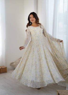 MBI CREATION Anarkali Gown(White)