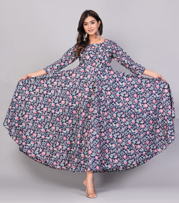 Kirnya Women Printed Anarkali Kurta(Dark Blue)