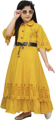 Mmaisha Girls Maxi/Full Length Party Dress(Yellow, 3/4 Sleeve)