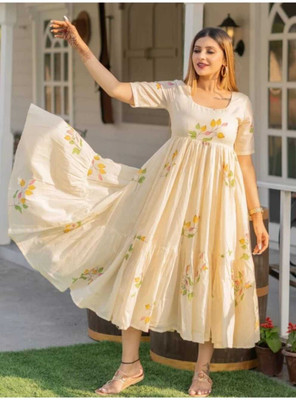 FASHION MAMTA Women Printed Anarkali Kurta(Beige)