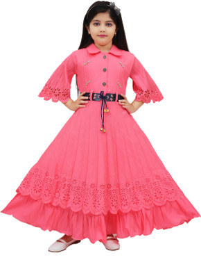 Smsarful Girls Maxi/Full Length Party Dress(Pink, 3/4 Sleeve)
