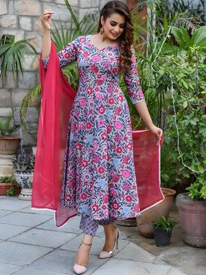NARI DREAM Women Printed Flared Kurta(Grey)