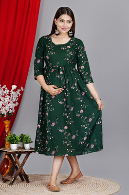 Loyster Women Printed Flared Kurta(Green)