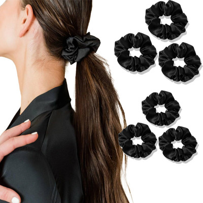 KRSNA CREATION 6 Pcs Silk Satin Scrunchies For Women & Girls - Stylish Luxury Ponytail Rubber Band(Black)