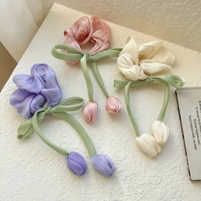 Honbon 3PC Tulip Tassel Scrunchies Hair Tie Set Bow Hair Accessories Ponytail Bun Style Rubber Band(Multicolor)