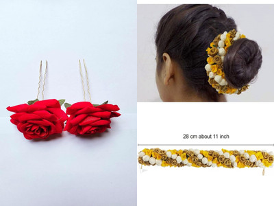 PSYCHFLORE RED ROSE PIN WITH YELLOW GOLDEN JORI GAJRA SET OF 3PC-N Hair Accessory Set(Multicolor)