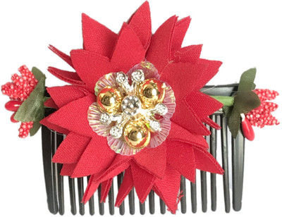 AROOMAN Acrylic Comb and Cloth Flower Hair side Comb/Clip Flower Design Juda Comb Bun Clip(Red)