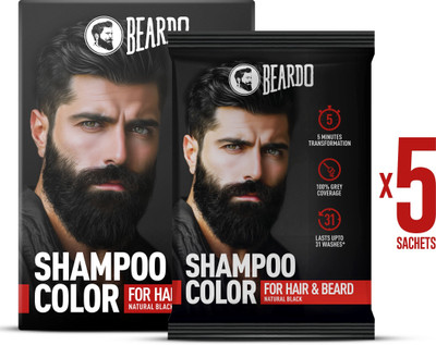 BEARDO Shampoo Color for Hair & Beard For Men No Ammonia Easy to apply 20ml x 5 , Natural Black