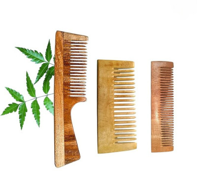 MICLAC Wooden Shampoo Comb with Neem Handle, Pack of 3