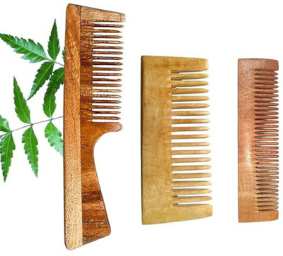 MICLAC Neem Wood Comb with Handle for Women, Pack of 3