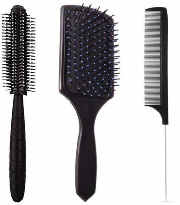 MakeuPia Pack of 3 hair brush-Rectangular Cushion Brush & Round roller comb & Tail comb
