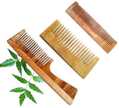 MICLAC Wooden Handle Comb with Neem for Hair Growth, Pack of 3