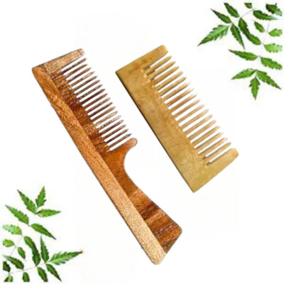 MICLAC Wide Teeth Neem Wooden Comb | Wooden Handle Comb | Pack of 2