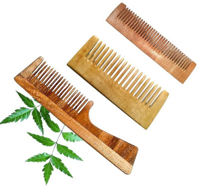 MICLAC Neem Wood Comb for Frizz Control and Shine, Pack of 3