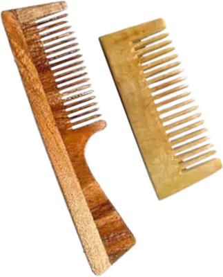 MICLAC Kacchi Neem Comb for Scalp Massage | Wooden Handle Comb | Pack of 2