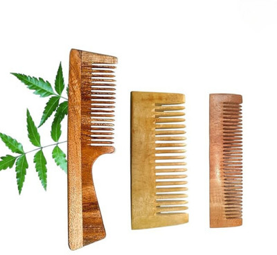 MICLAC Small Wooden Comb, Neem Comb, and Handle Comb, Pack of 3