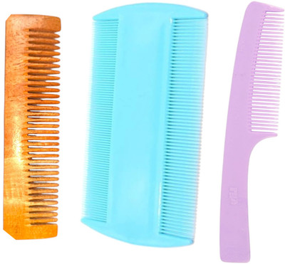 MICLAC 3 Types of Wood & Plastic Comb Set, Pack of 3