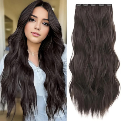 Getvock 5 Clips Curly Synthetic Heat Resistant Women Curly/Wavy  (Dark Brown) Hair Extension