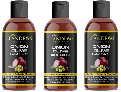 leandros Onion Olive oil 14 Herbs Perfectly Blended For Hair Smoothing and Anti-Hair Fall Hair Oil pack of 3- Hair Oil(300 ml)