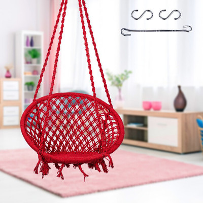 Swingzy Cotton Round Hanging Swing for Kids & Adults/Cotton Rope Swing Chair for Home/ Cotton, Wooden Large Swing(Red, Pre-assembled)