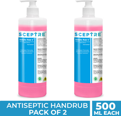 Sceptre Combo of 2 Scepto Rub V Non-Sticky Liquid hand Sanitizer for Rapid Sterilization Hand Sanitizer Pump Dispenser(2 x 250 ml)