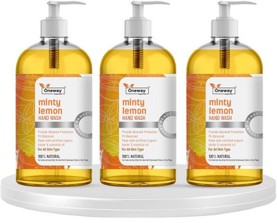 Oneway Happiness Minty Lemon Hand Wash with Aloe Vera & Lemon Extract (pack of 3 - 500 ml each) Hand Wash Bottle + Refill(3 x 500 ml)
