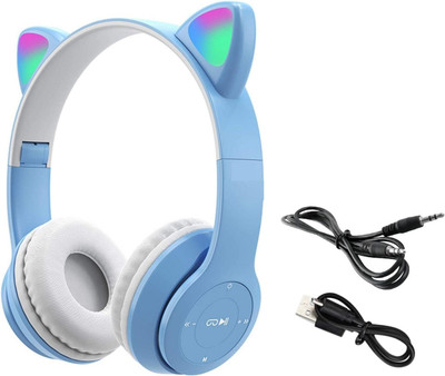 RENTOOR Best Quality Headset with Microphone Girls/Boys Cat Headphone Bluetooth(Blue, On the Ear)