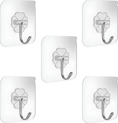 Vamigo Heavy Duty Multipurpose Strong Self Adhesive PVC Transparent Sticker Wall Hooks Hook 1(Pack of 5)