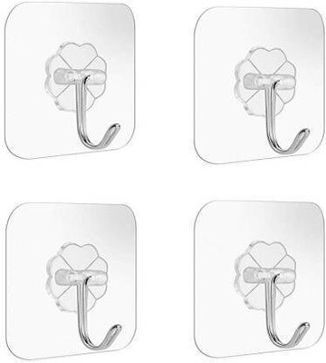 NKK TRADERS Set of 4 Wall Hooks Heavy Duty Hooks for Hanging 10KG (Max) Magic Stickers Hooks Seamless Transparent Adhesive Hooks for Hanging Keys Coats Hats Bags Ceiling Hook Hook 4(Pack of 1)