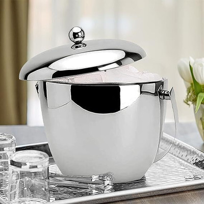 ABHAS 1.5 L Steel Double Walled Ice Bucket with Tong and peg measurer Ice Bucket(Silver)