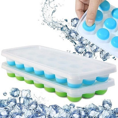 Shree GRB Ice Cube for Freezer with Lid 21 Cavaties with Pop Up Easy Release bg 136 Blue, Green Silicone Ice Ball Tray(Pack of2)
