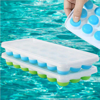 Shree GRB Ice Cube for Freezer with Lid 21 Cavaties with Pop Up Easy Release bg 142 Blue, Green Silicone Ice Ball Tray(Pack of2)