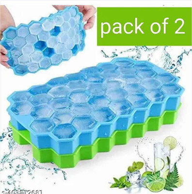 PLASTIAN 2 PCS Soft Flexible Silicone Honeycomb Shape ice cube maker tray / 37 Grids / Blue, Green Silicone, Plastic Ice Cube Tray(Pack of2)