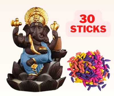 Jiyansh Creation Combo Pack of Lotus Style Ganesha Backflow Incense Holder with 30 Units Decorative Showpiece  -  10 cm(Polyresin, Blue)