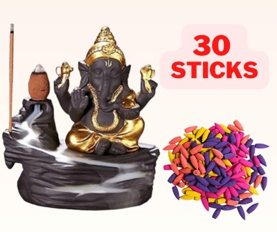 Jiyansh Creation Combo Pack of Lord Ganesha Idols Backflow Incense Holder with 30 Units Decorative Showpiece  -  10 cm(Polyresin, Gold)